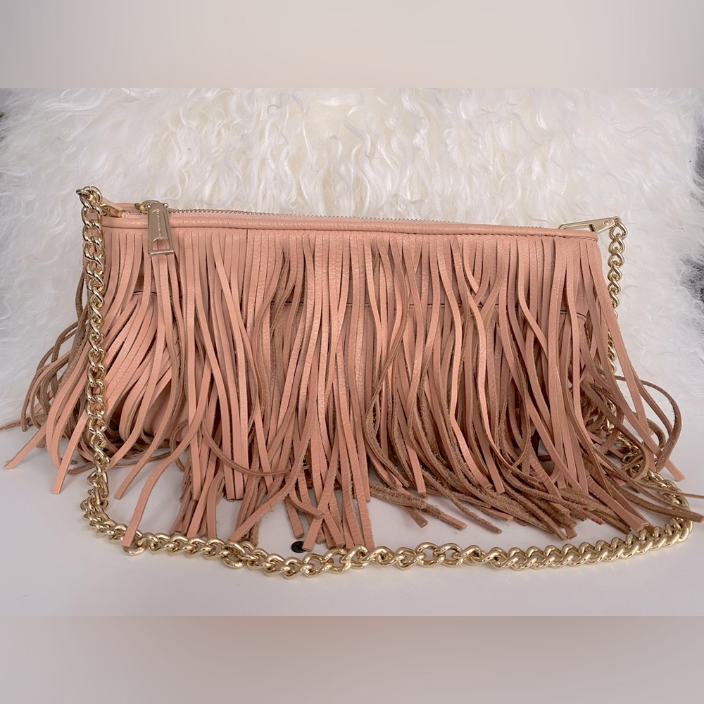 Rebecca Minkoff Pink Fringe Bag with Gold Chain